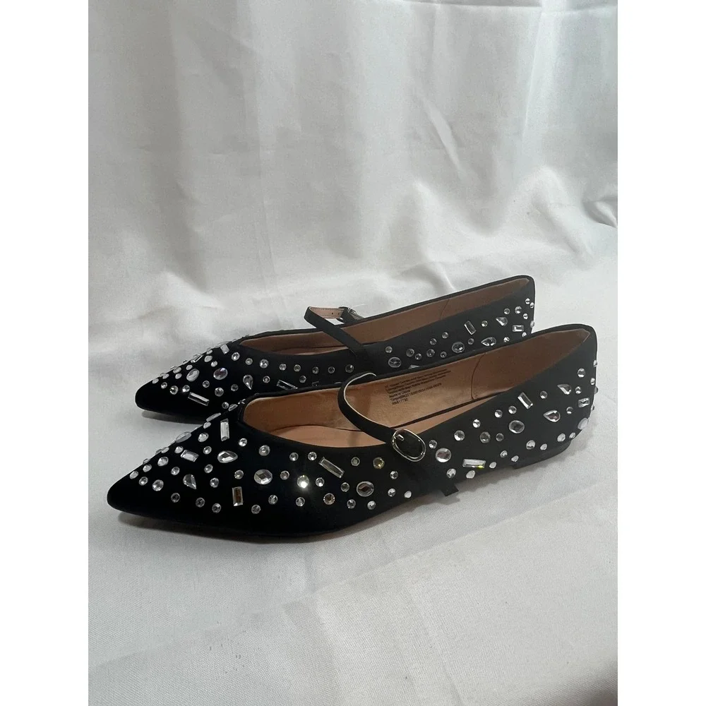 A New Day Women Black Rhinestone Crystal Mary Jane Pointed Toe Flats Size 11 NEW